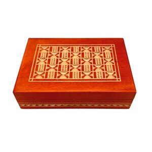 Vintage Polish Handcarved Wooden Trinket Jewelry Box Geometric Design MCM